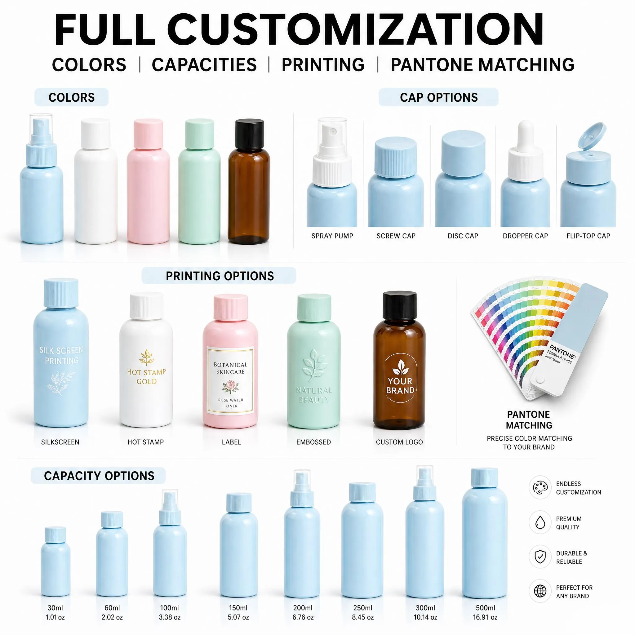 full customization services for PET travel bottles colors capacities printing pantone matching