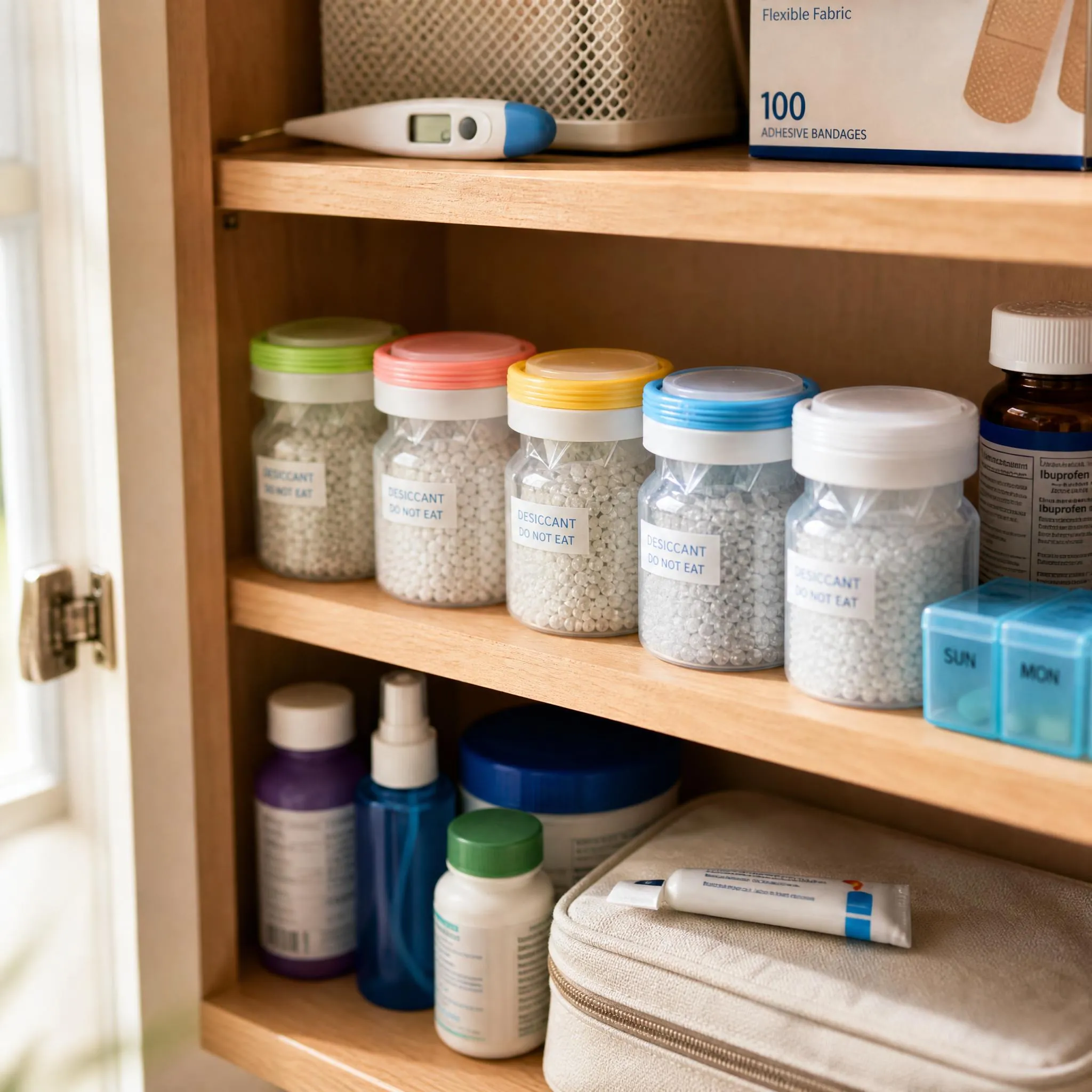 desiccant bottles in family medicine cabinet home use