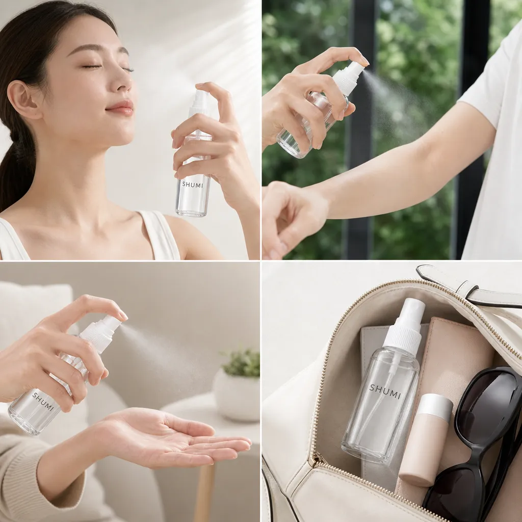 4 grid collage fine mist spray bottle real use toner mosquito repellent sanitizer travel