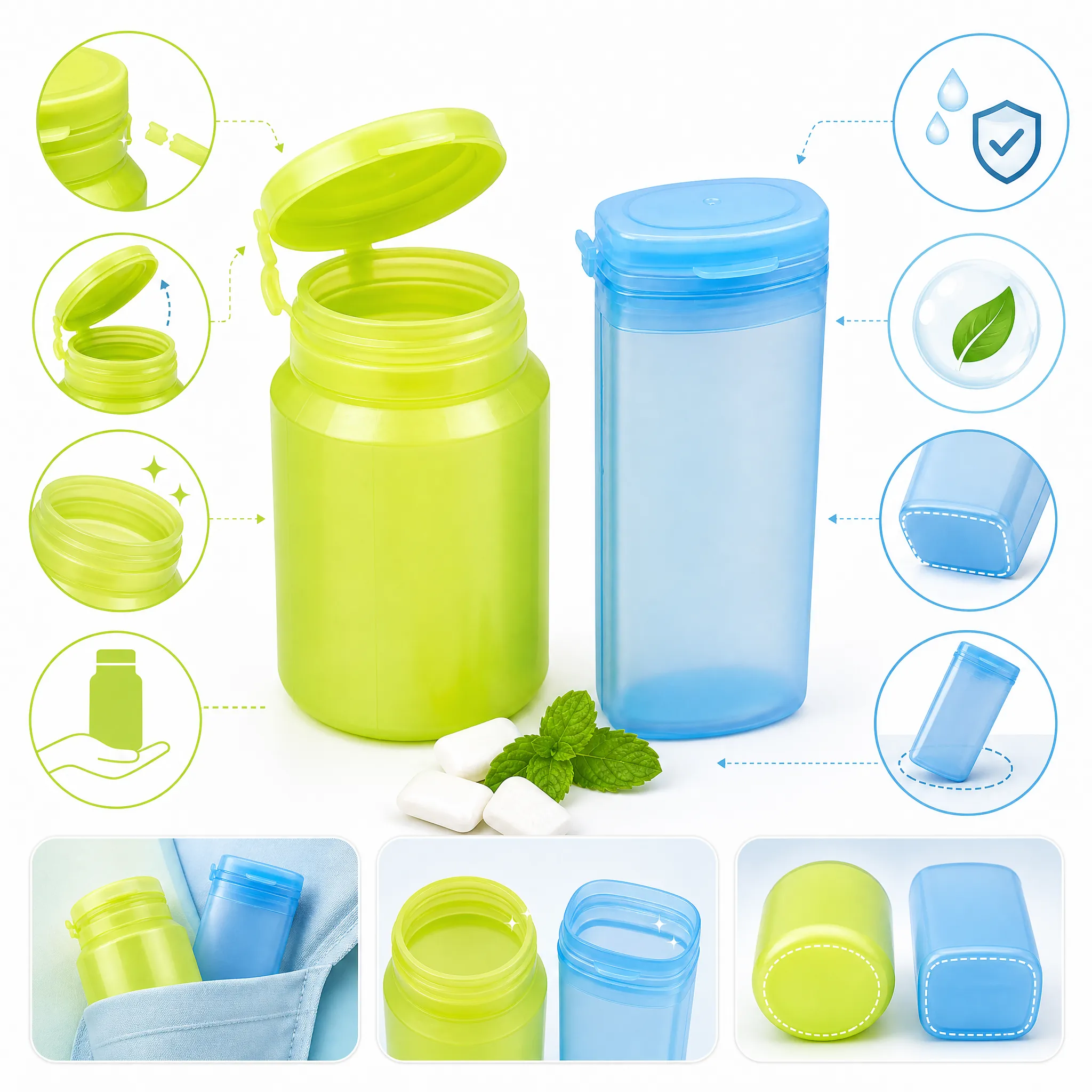 flip top plastic bottle features infographic showing tamper evident design leak proof seal and portable size