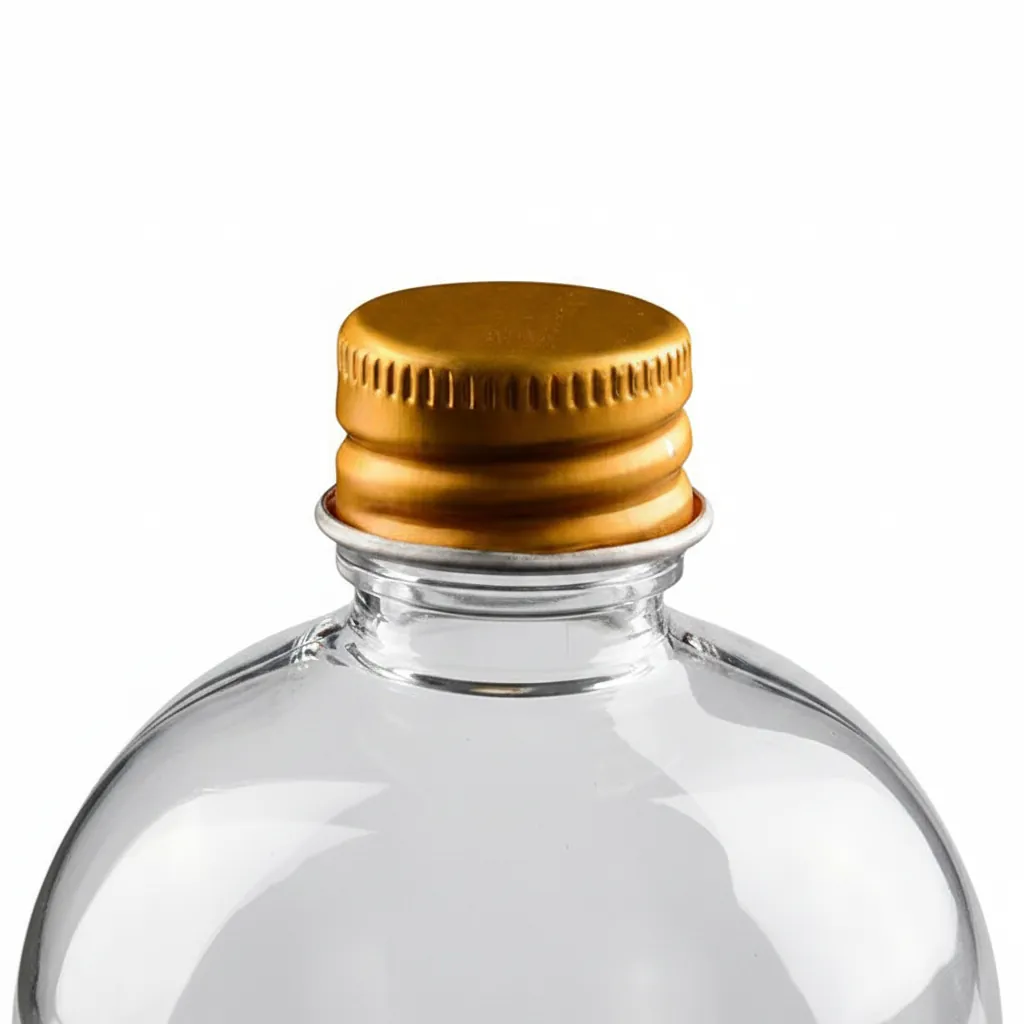 Close up of gold aluminum screw cap on clear spherical plastic bottle leak proof seal