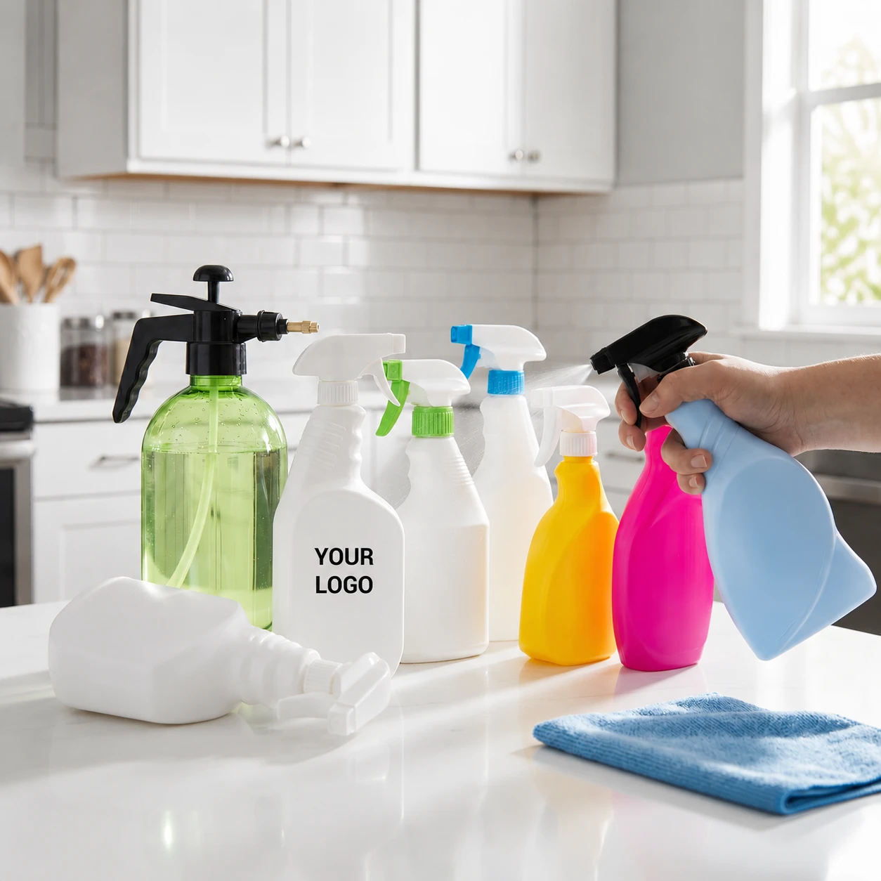 A hand holding a blue plastic trigger sprayer bottle spraying a fine mist next to multiple colorful HDPE cleaning spray bottles on a counter.