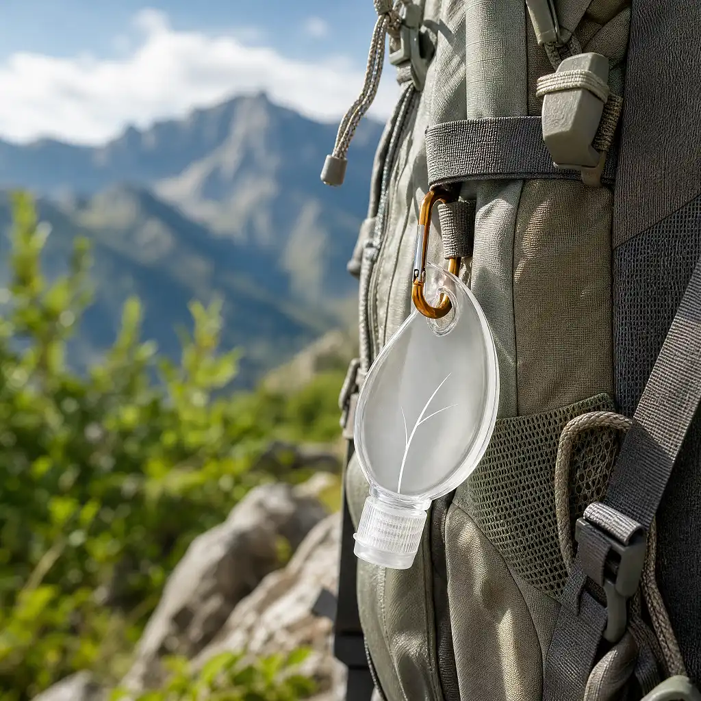 leaf shape 50ml hand sanitizer bottle hanging on backpack for outdoor hiking wholesale plastic bottle manufacturer custom OEM