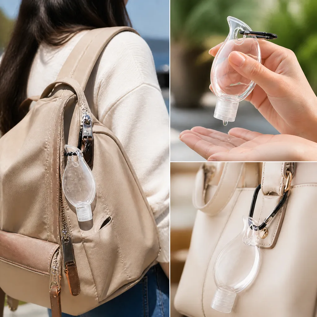 leaf shaped hand sanitizer bottle attached to backpack and handbag wholesale plastic bottle manufacturer custom OEM