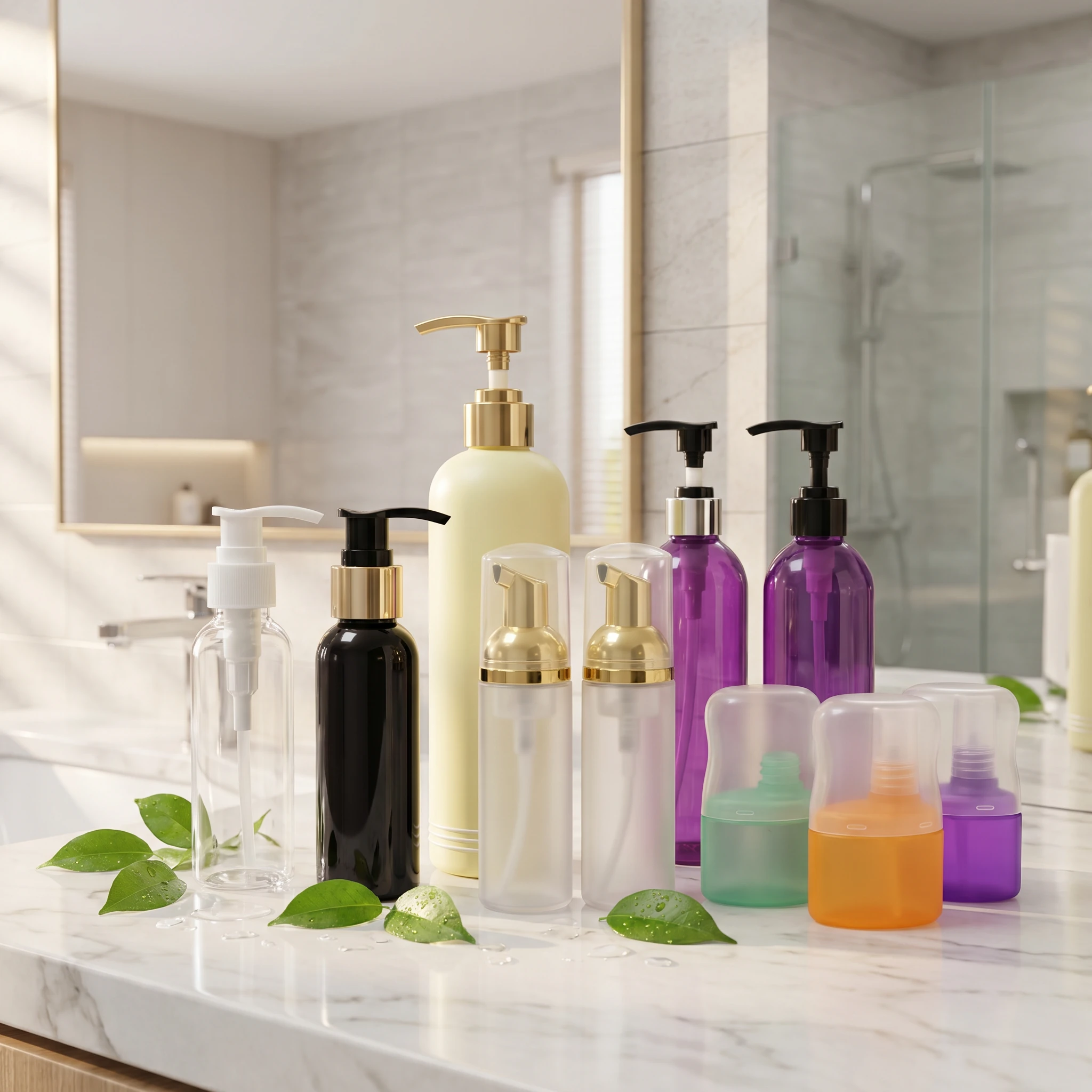 A modern display of elegant cosmetic packaging including clear lotion pump bottles, frosted airless jars, and colorful travel misters on a marble counter.