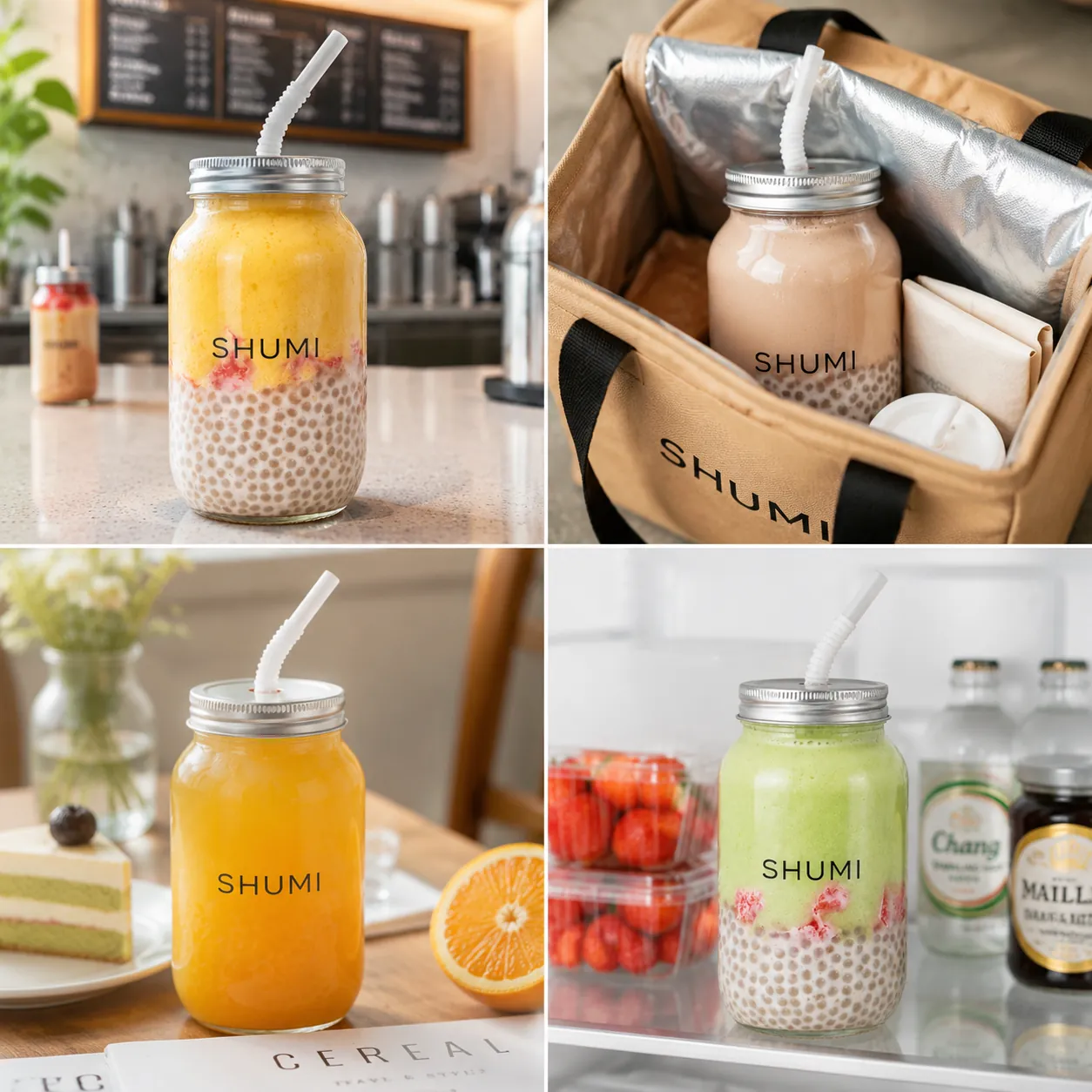 4 grid collage mason jar bottle real use bubble tea shop delivery cafe refrigerator