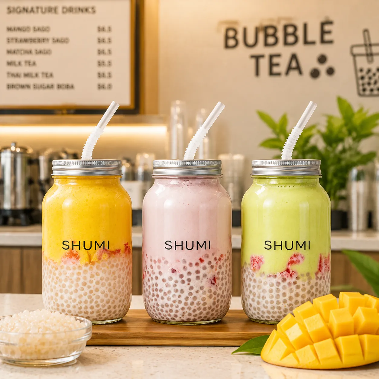 mason jar bottle bubble tea shop scene wholesale plastic bottle manufacturer custom OEM