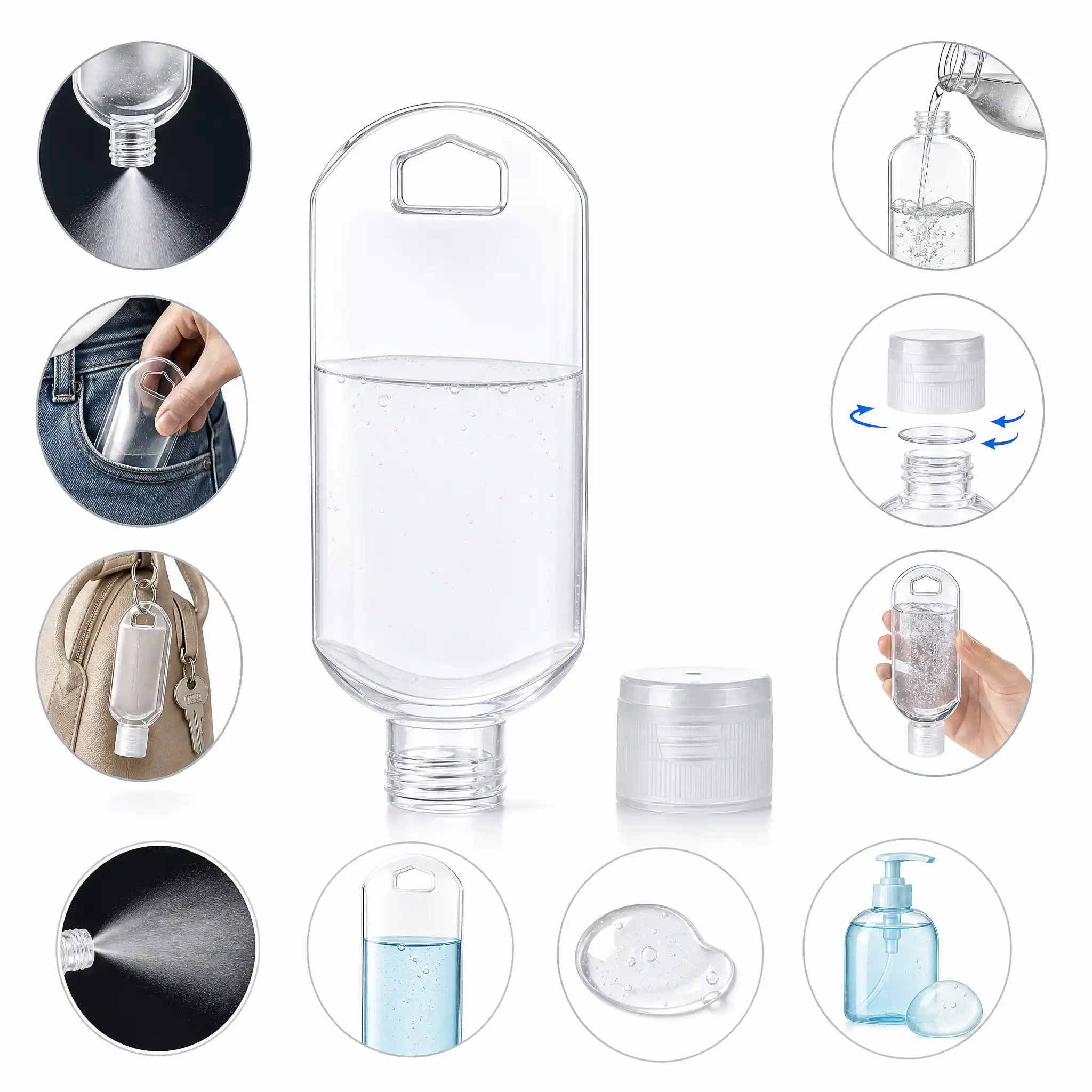 multi functional refillable hand sanitizer bottle features infographic wholesale plastic bottle manufacturer custom OEM
