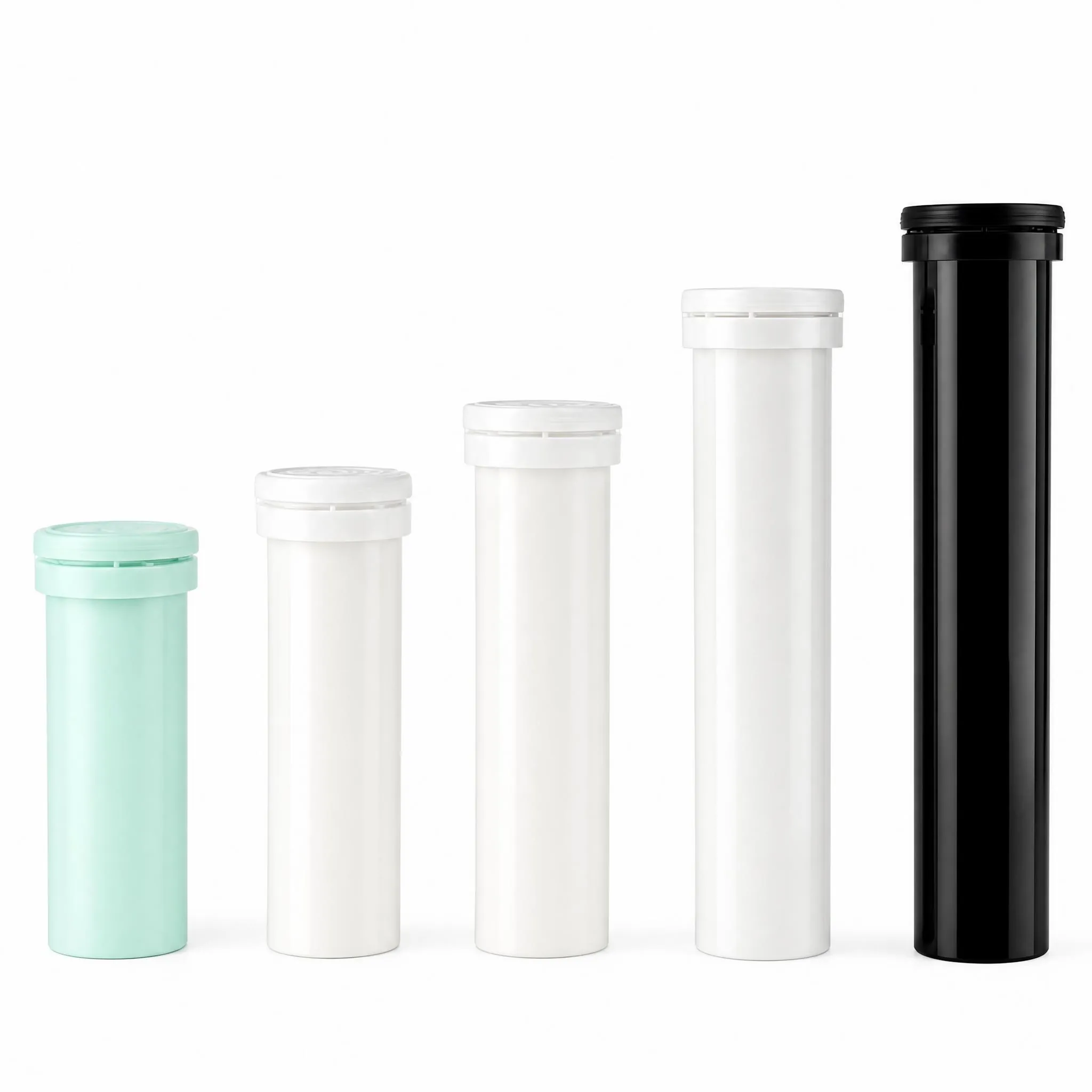 Multiple colors and sizes of PP effervescent tablet tubes with desiccant caps on white background