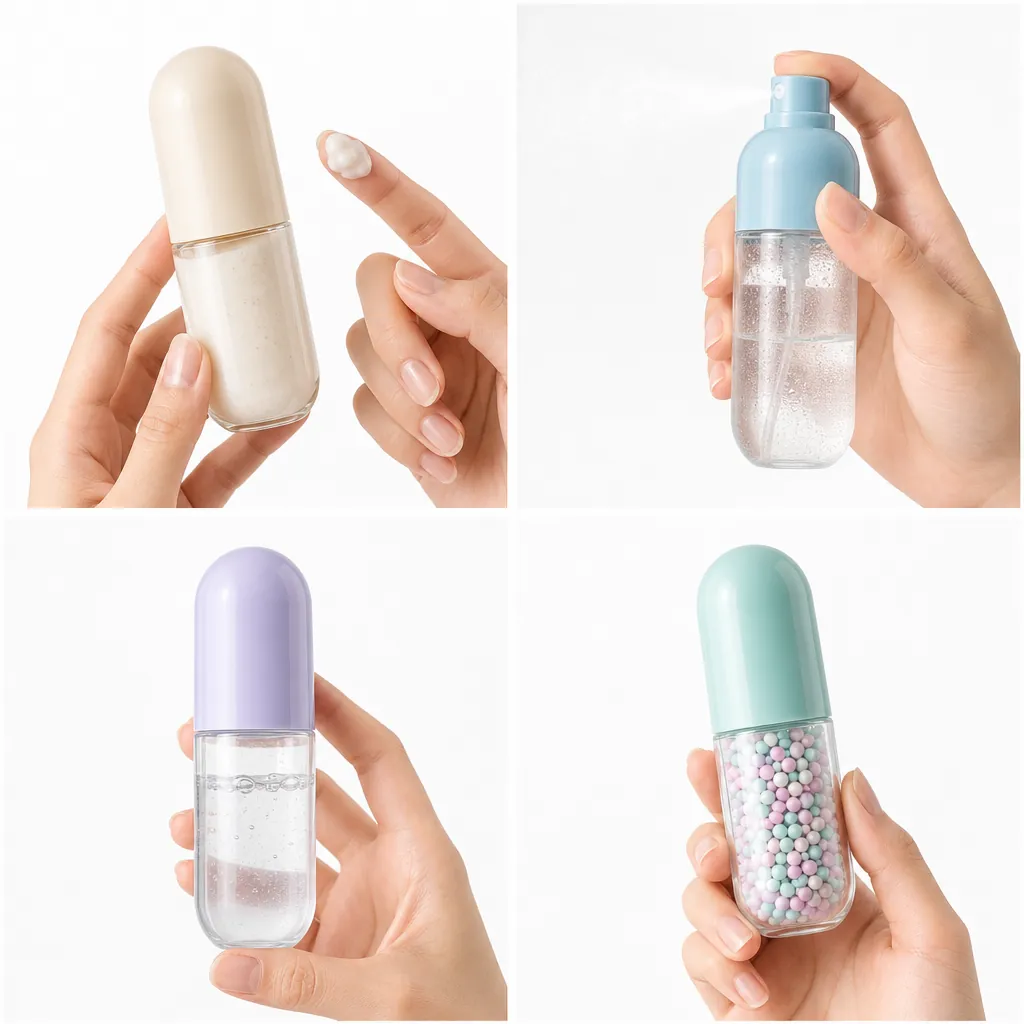 PCR capsule travel bottles 4 grid real usage scenarios lotion spray toner scent beads