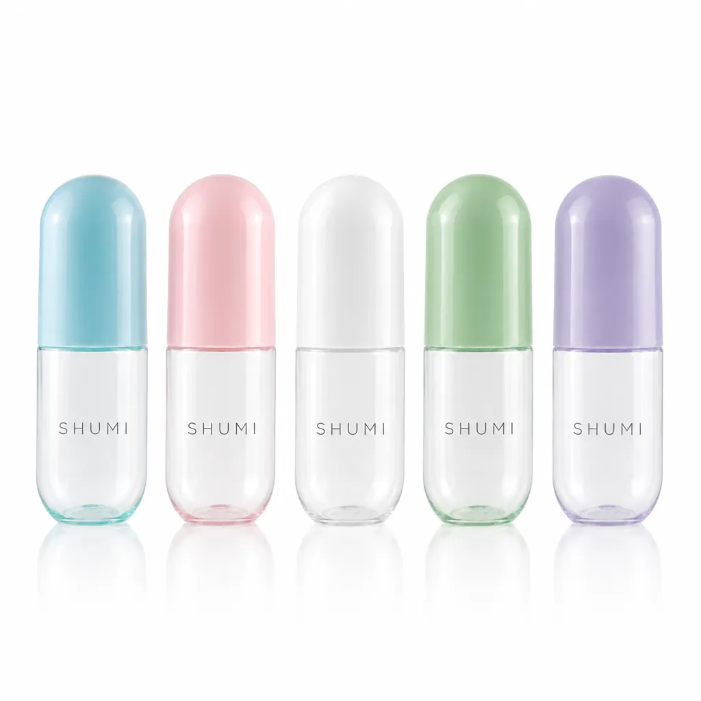 PCR capsule travel bottles multi color options light blue pink white green purple