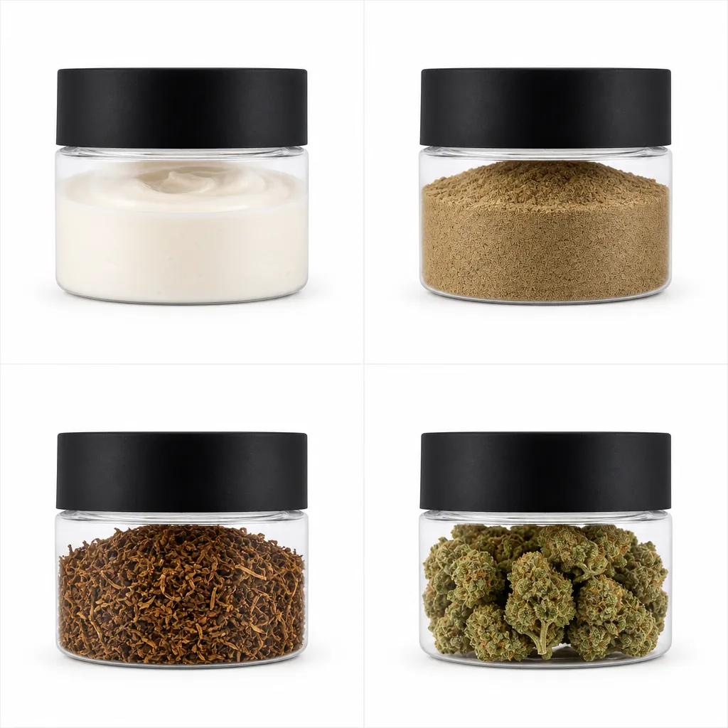 PCR child resistant jars 4 grid real usage scenarios cream powder tobacco cannabis