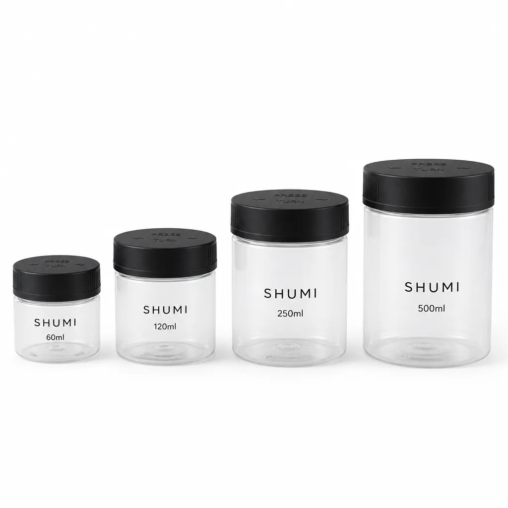 PCR child resistant jars different capacities size comparison with black press turn lids