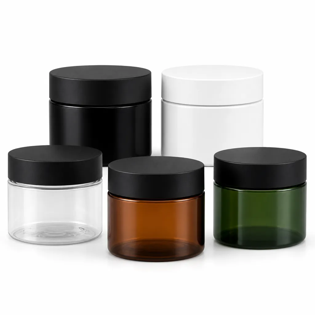 PCR child resistant jars multi color lid options black white amber green transparent