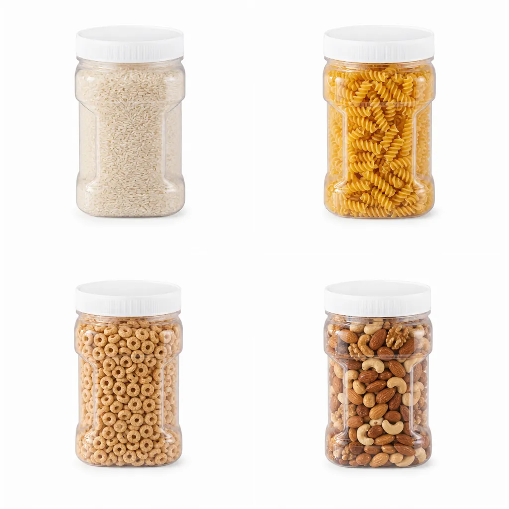PCR food storage jars 4 grid real usage scenarios rice pasta cereal nuts