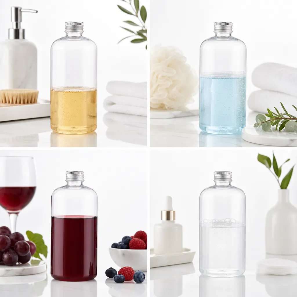 PCR PET Boston bottles 4 grid real usage scenarios shampoo body wash fruit wine toner