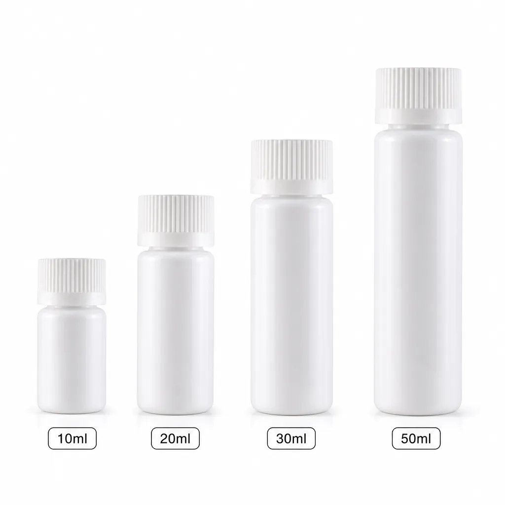 PCR plastic press turn cap bottles 10ml 20ml 30ml 50ml different capacities size comparison