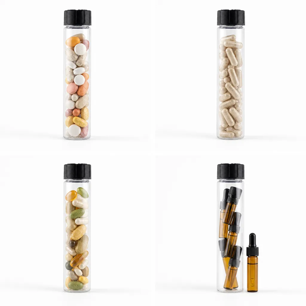 PCR clear tube bottles 4 grid real usage scenarios pills capsules supplements essential oils