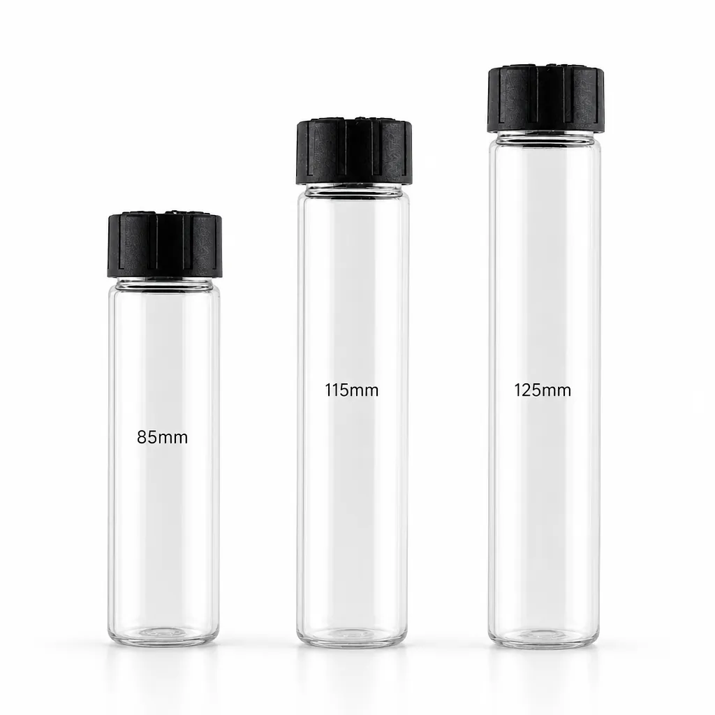 PCR clear plastic tube bottles 85mm 115mm 125mm different heights size comparison