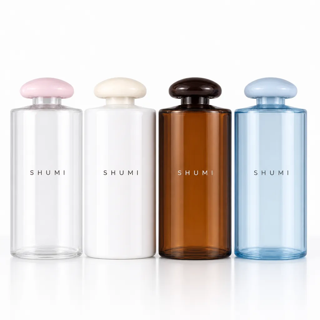 clear white amber blue pet bottle with mushroom cap for cosmetic packaging