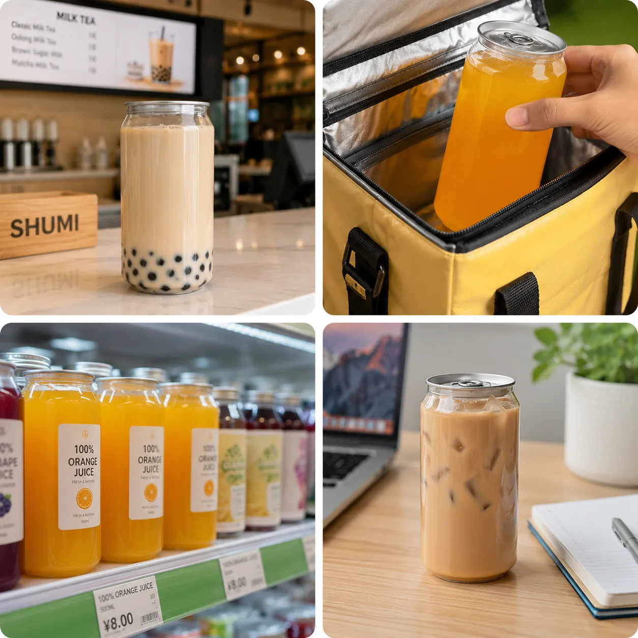 4 grid collage pet can bottle real use bubble tea shop delivery convenience store office