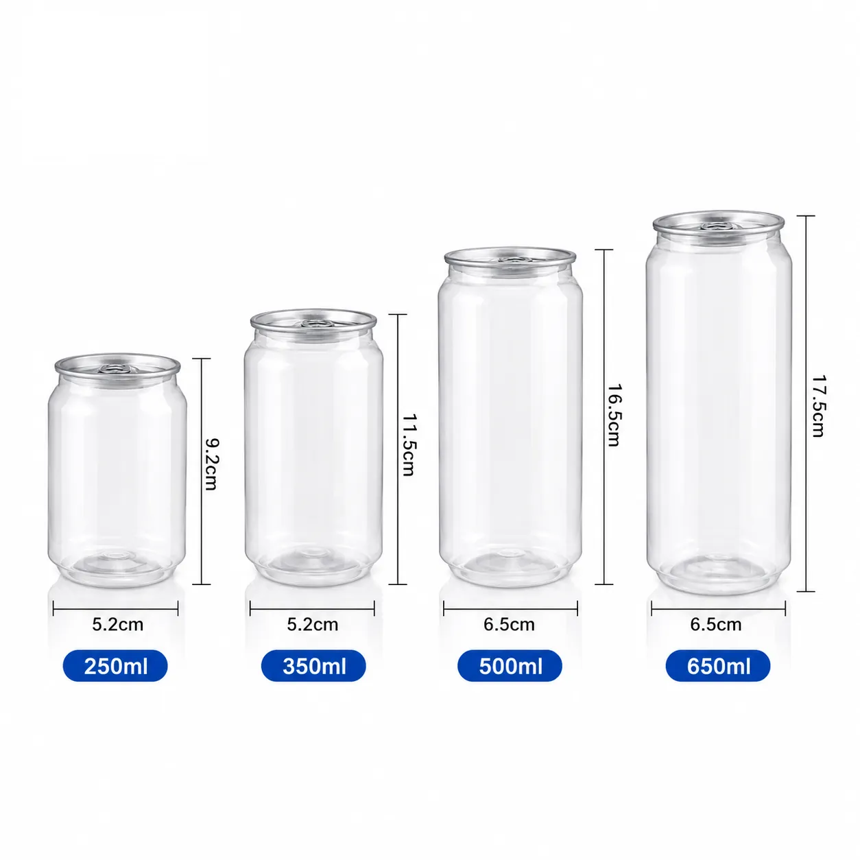 250ml 350ml 500ml 650ml clear pet can bottle size comparison