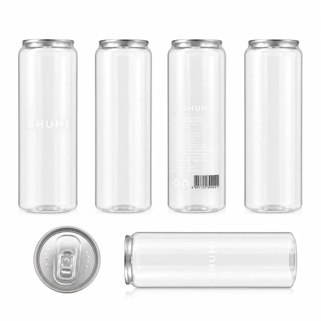 SHUMI clear disposable pet can bottle front side back top multiple angles view