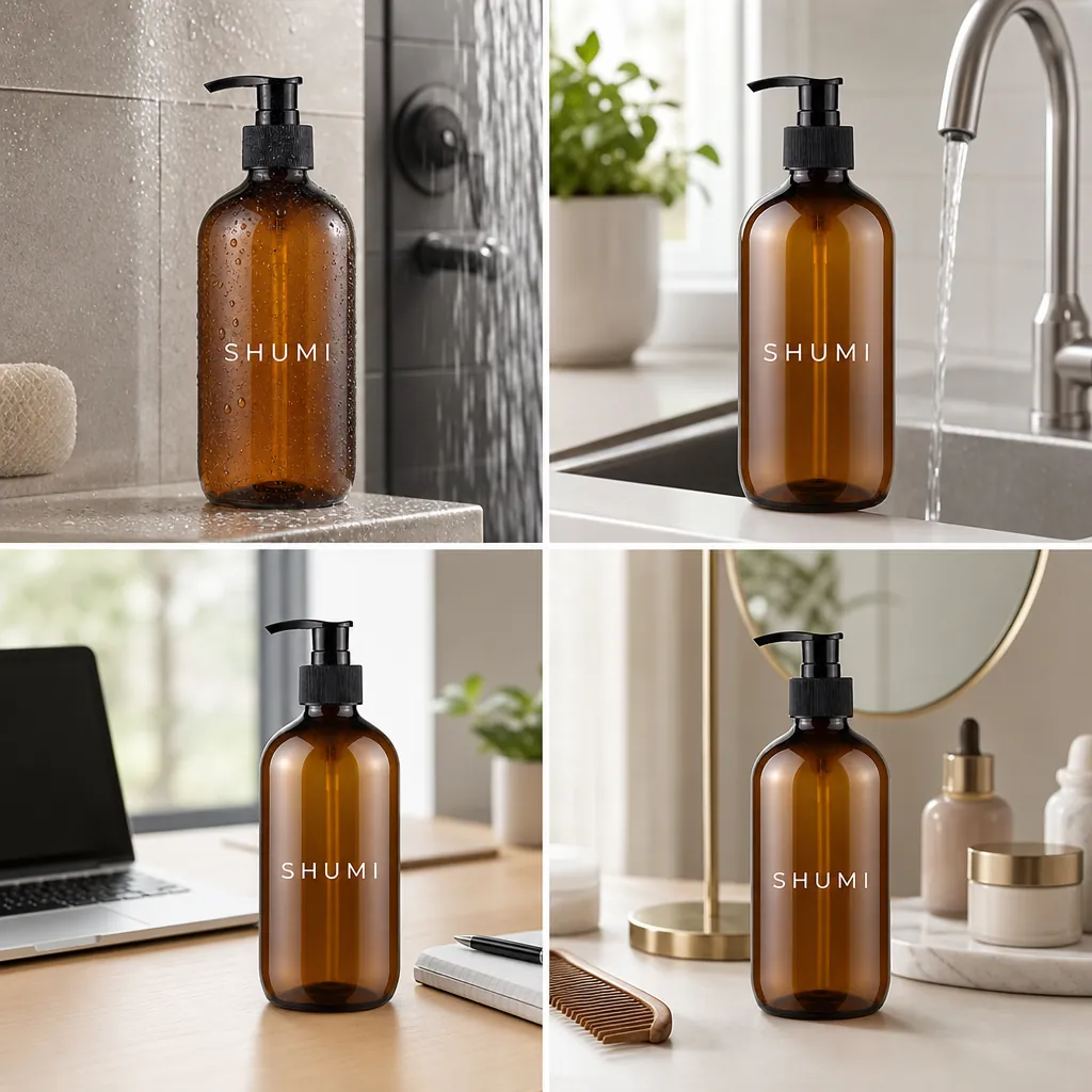 4 grid collage pet pump bottle real use bathroom kitchen office vanity