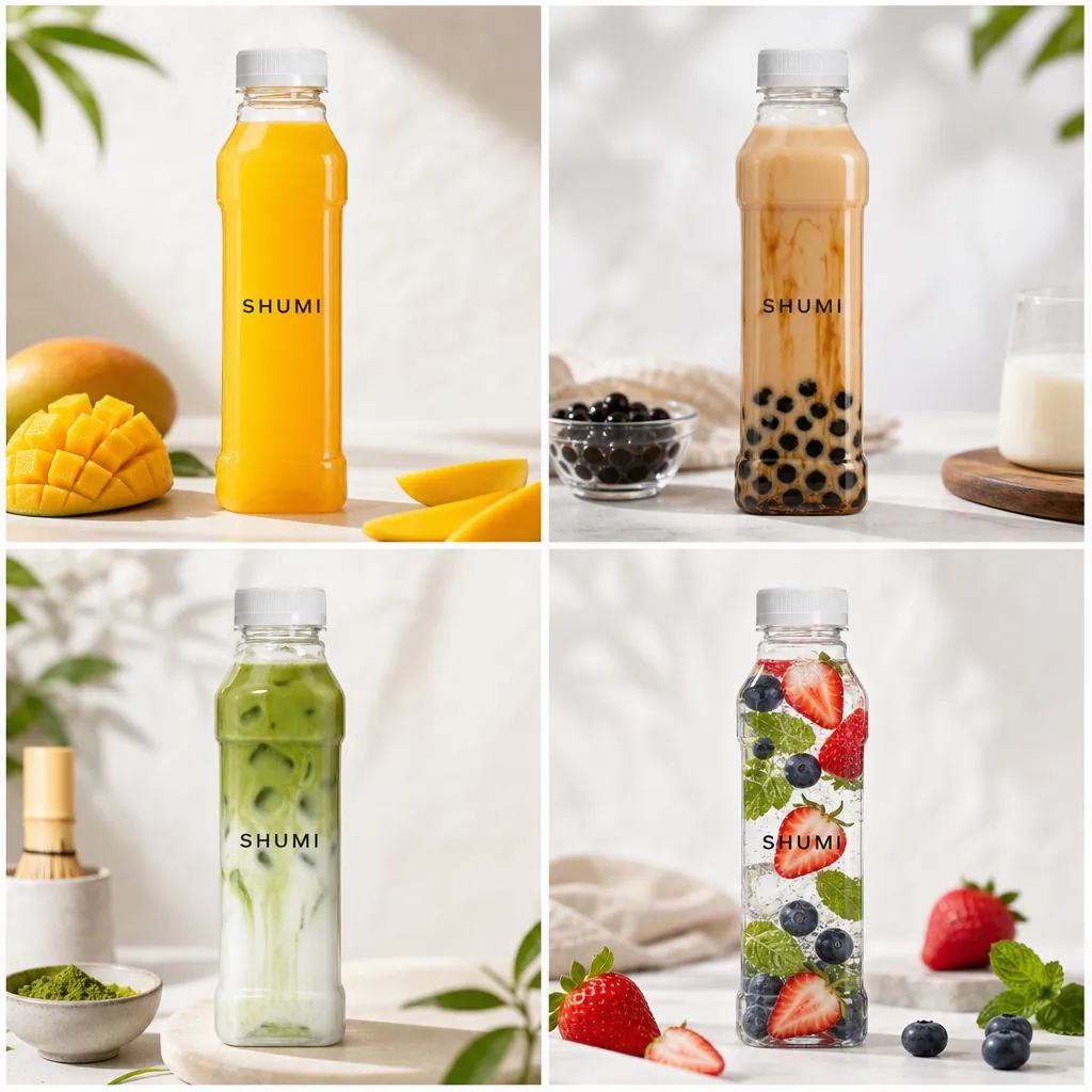 4 grid collage showing 480ml PLA bamboo bottle real usage scenarios juice milk tea