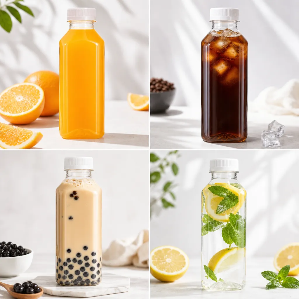 4 grid collage showing 480ml PLA bottle real usage scenarios juice coffee milk tea