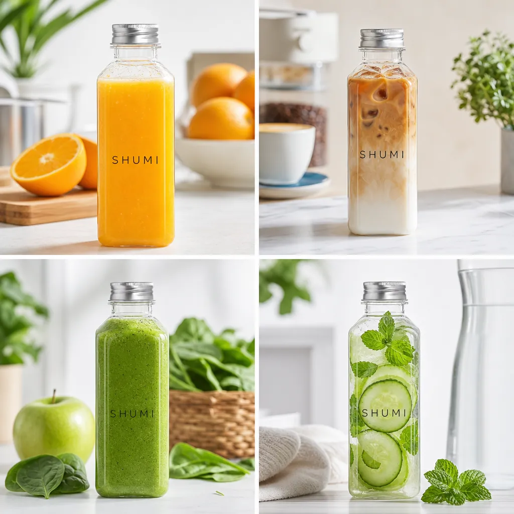 4 grid collage showing 500ml PLA square bottle real usage scenarios juice coffee