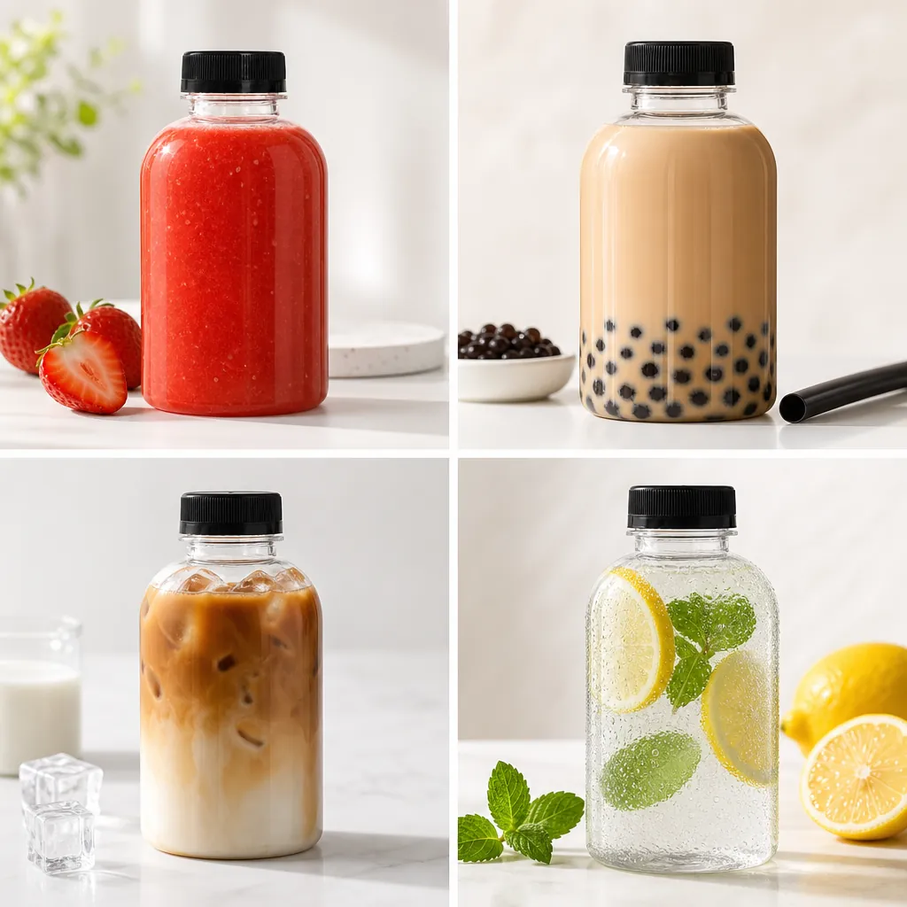 4 grid collage showing 350ml PLA chubby bottle real usage scenarios juice milk tea