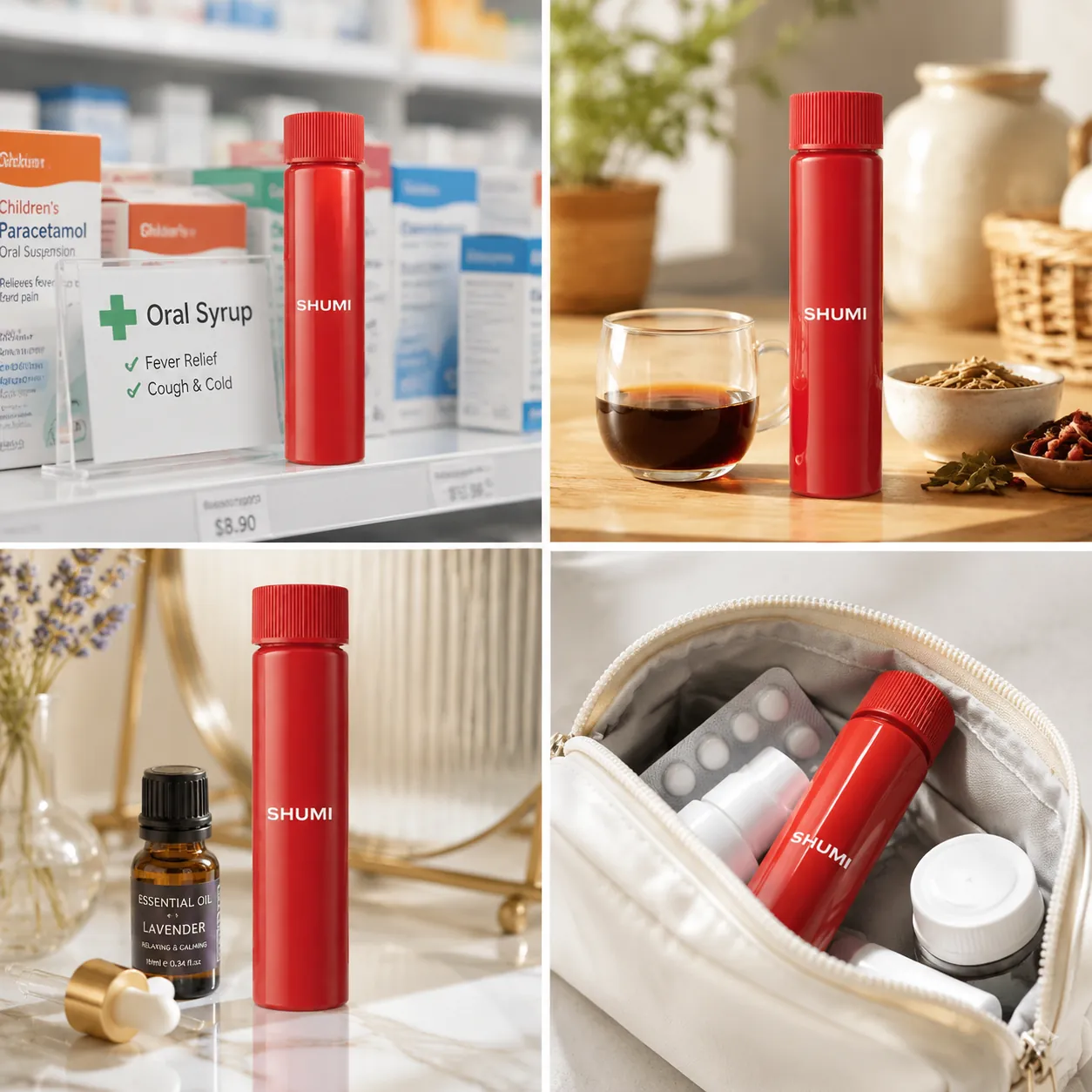 4 grid collage pla oral liquid bottle real use pharmacy kitchen vanity travel