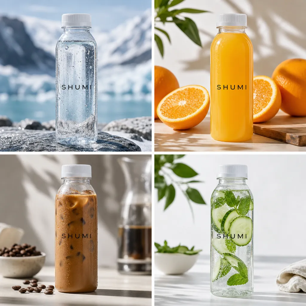 4 grid collage showing 350ml PLA round bottle real usage scenarios water juice coffee