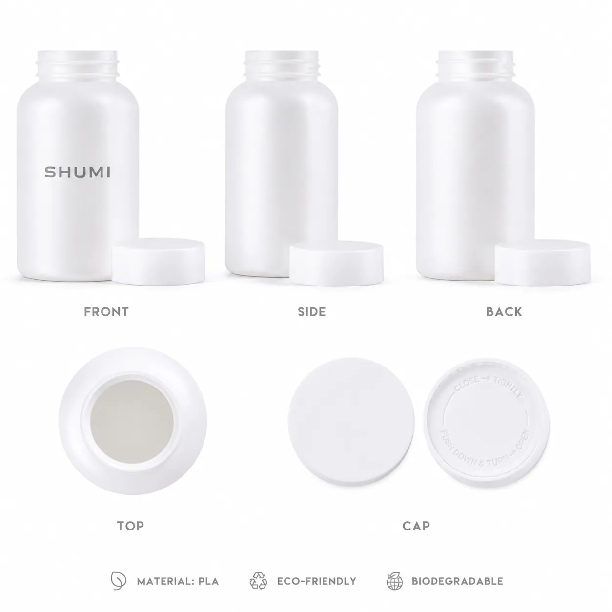 SHUMI white pla supplement bottle front side back top multiple angles view