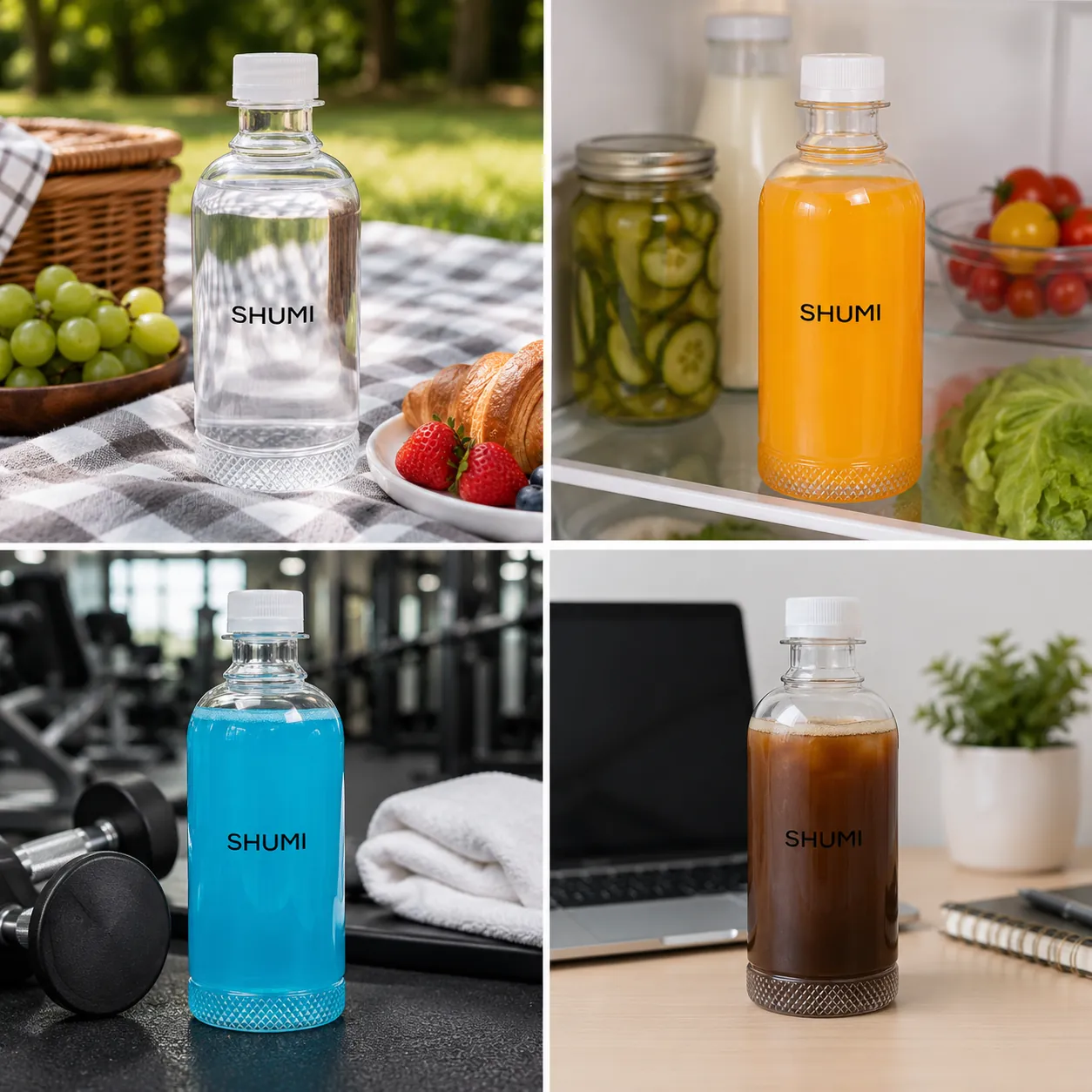 4 grid collage pla water bottle real use picnic refrigerator gym office