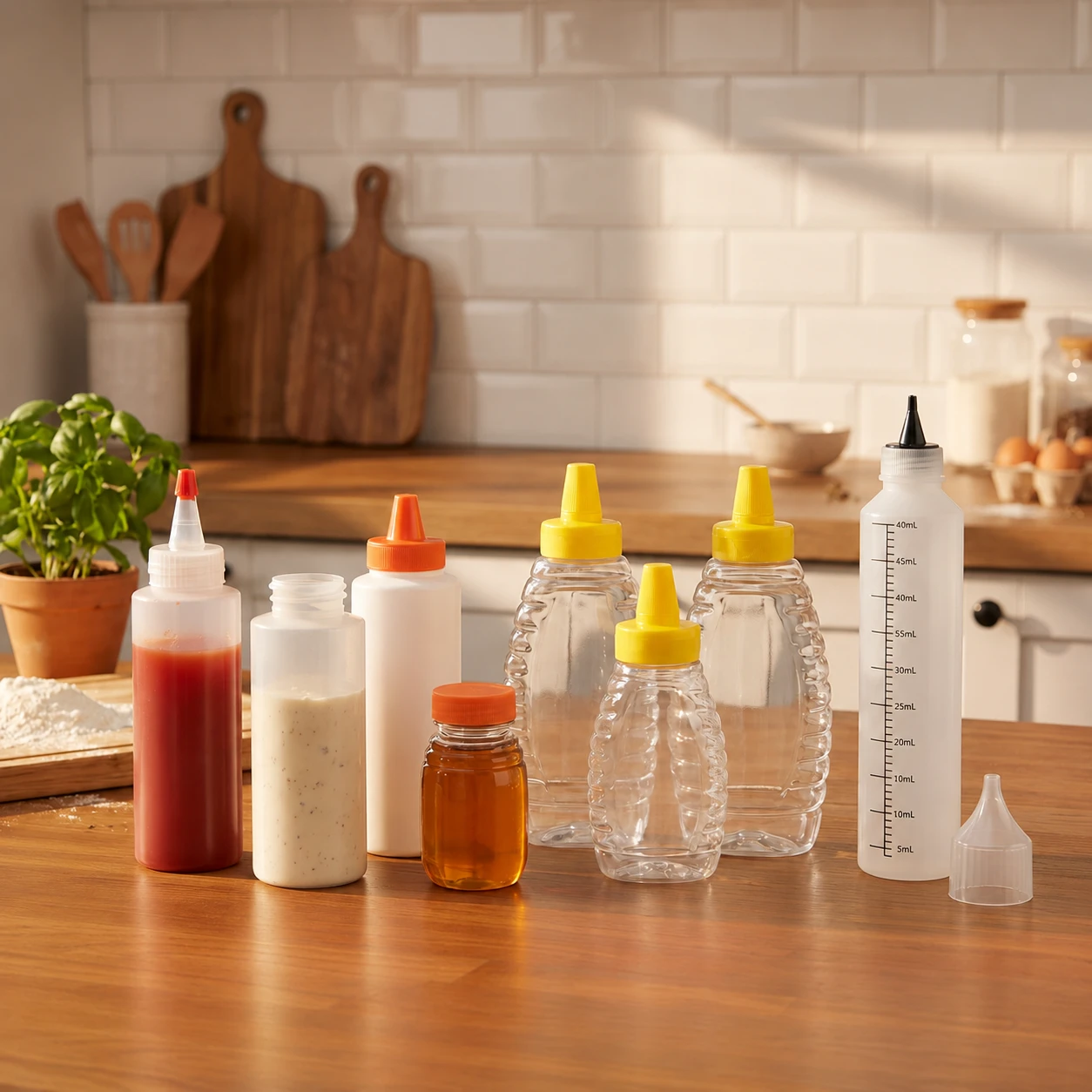 An assortment of clear plastic kitchen squeeze bottles and honey jars with colorful dispensing caps and measurement markings on a wooden table.