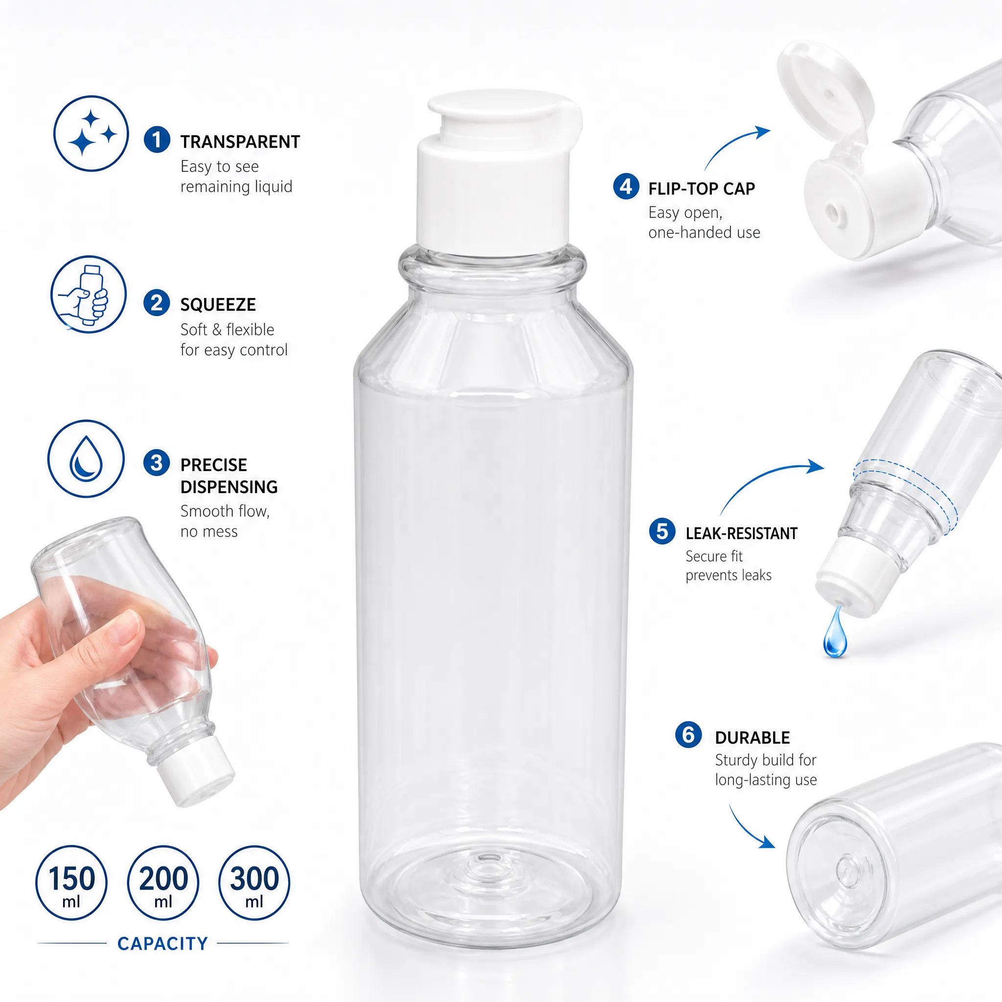 clear plastic squeeze bottle features infographic transparent squeeze precise dispensing