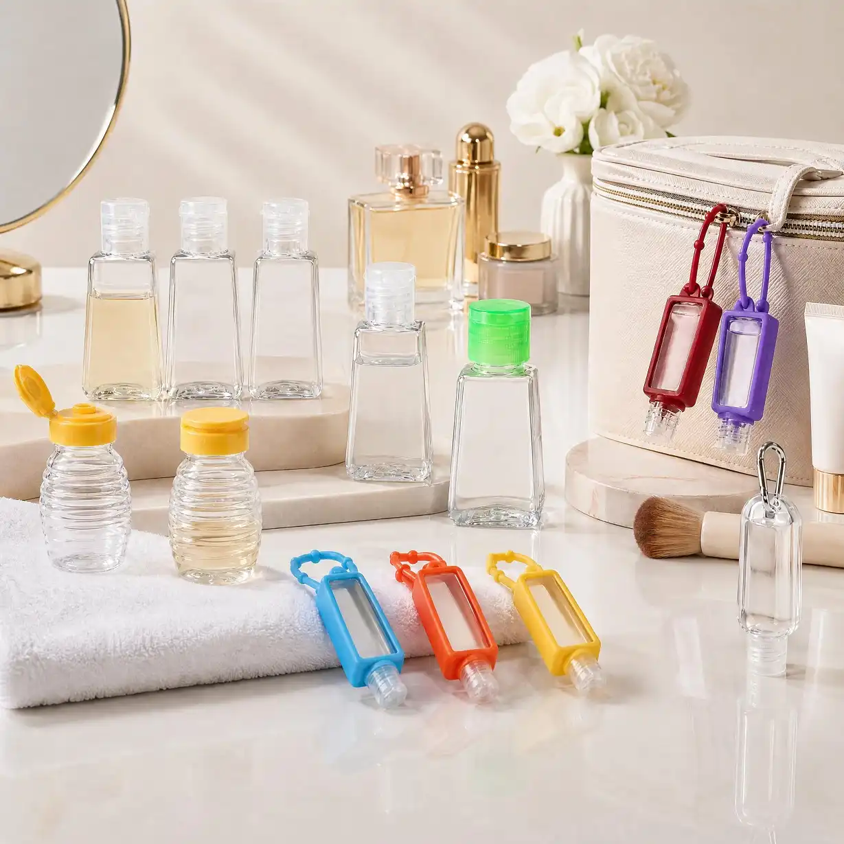 Clear plastic travel bottles with colored silicone sleeves, flip-top caps, and carabiners for portable hand sanitizers.