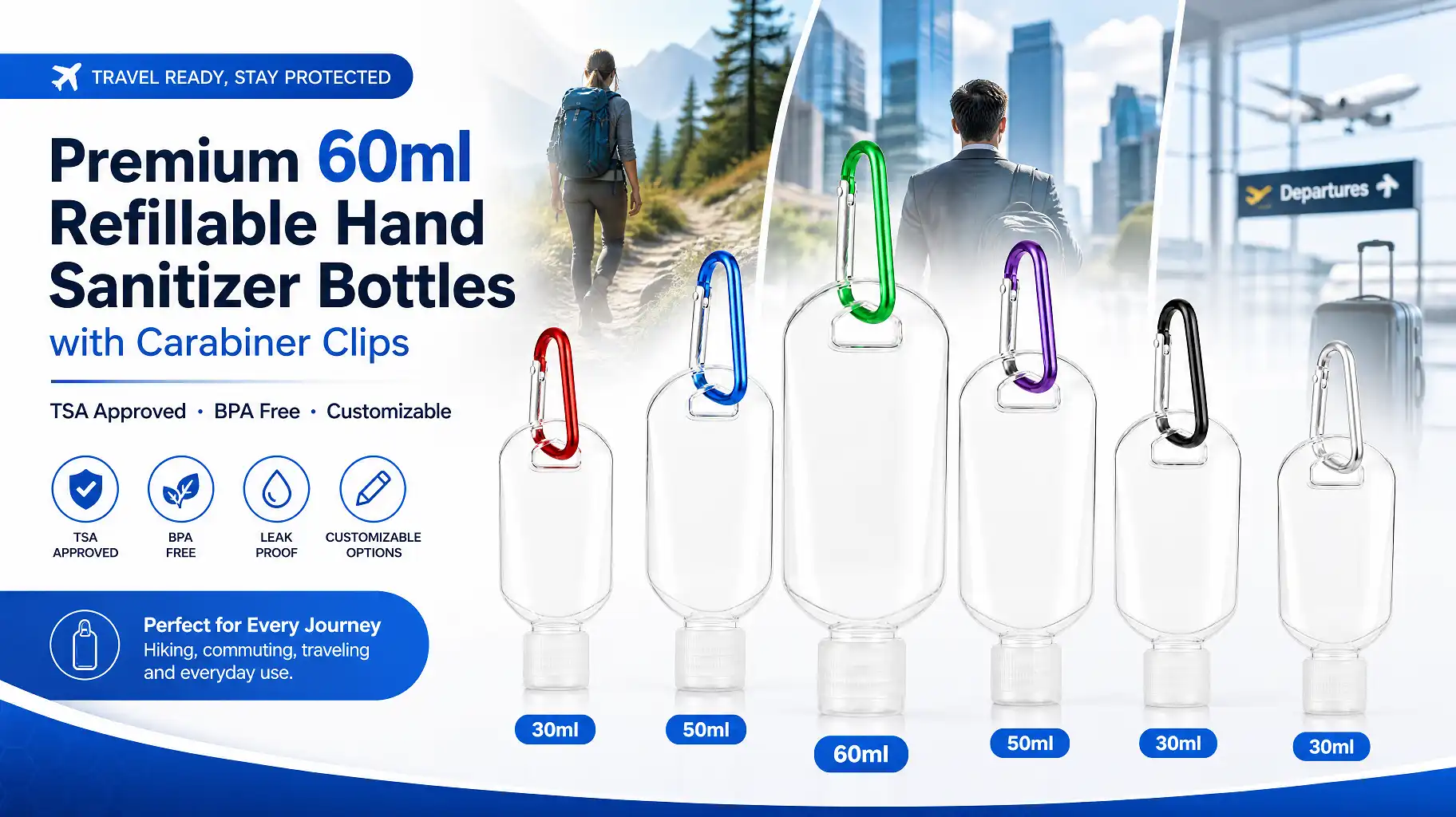 premium 60ml refillable hand sanitizer bottles with carabiner clips banner tsa approved bpa free wholesale manufacturer