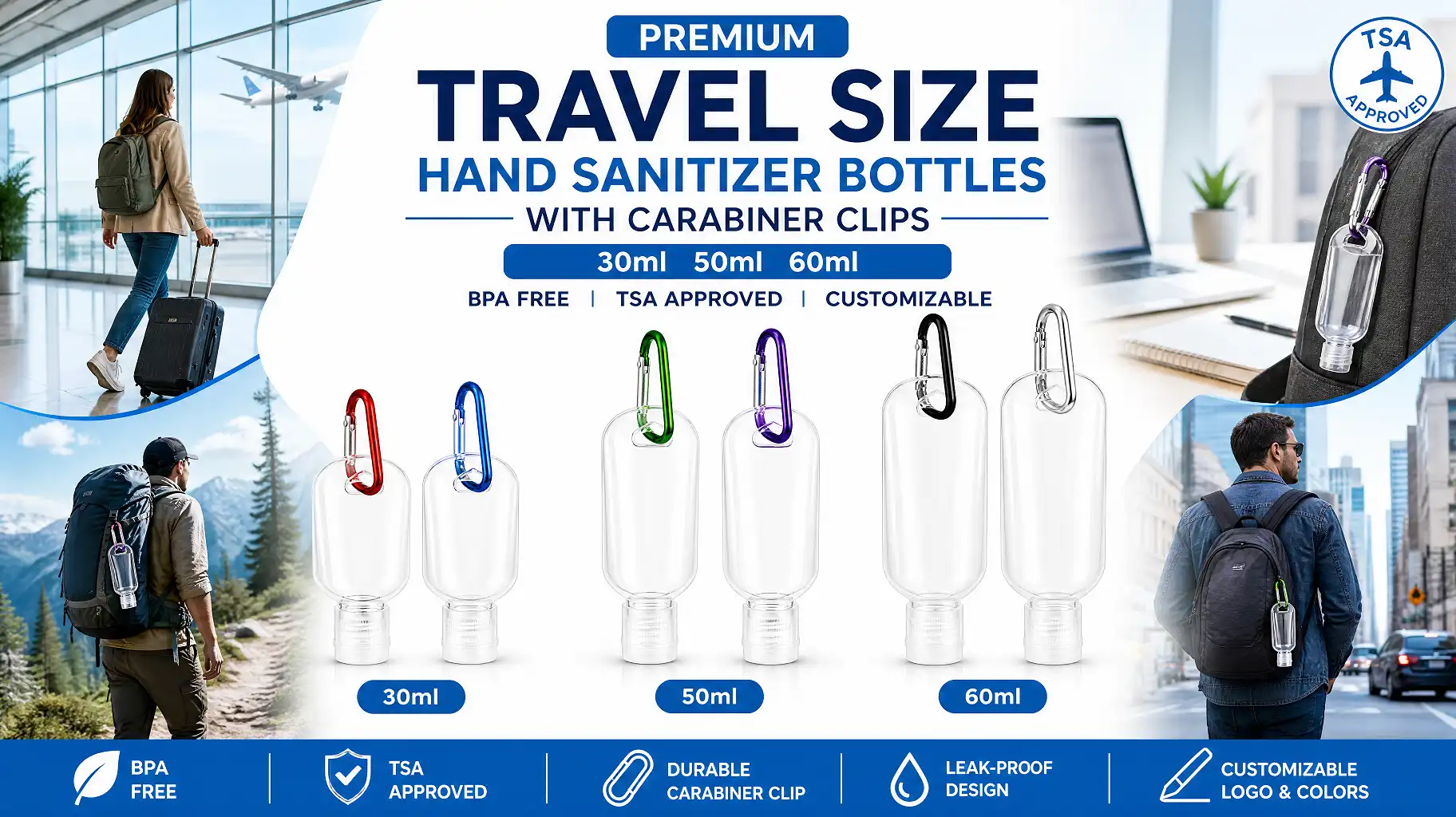 premium travel size hand sanitizer bottles with carabiner banner 30ml 50ml 60ml tsa approved bpa free wholesale manufacturer