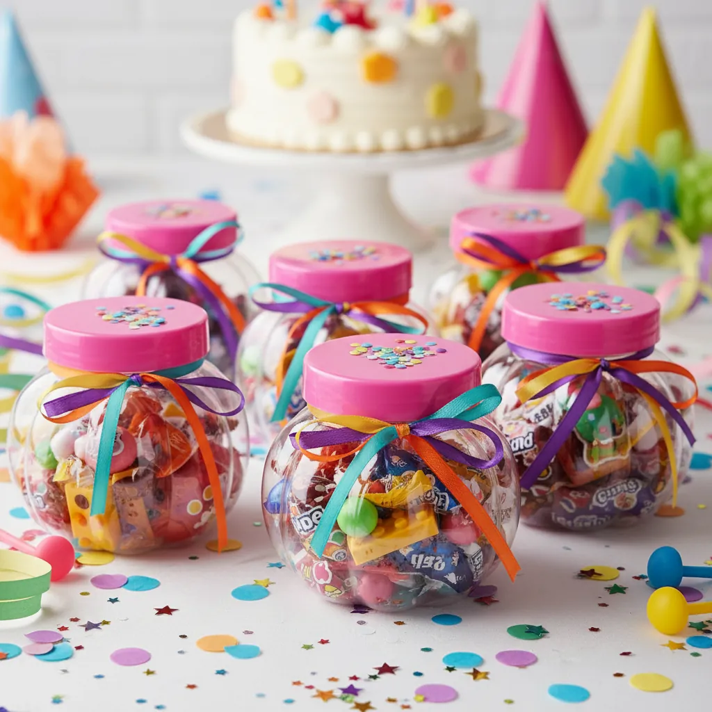 pumpkin plastic jars used as birthday party favors filled with small gifts