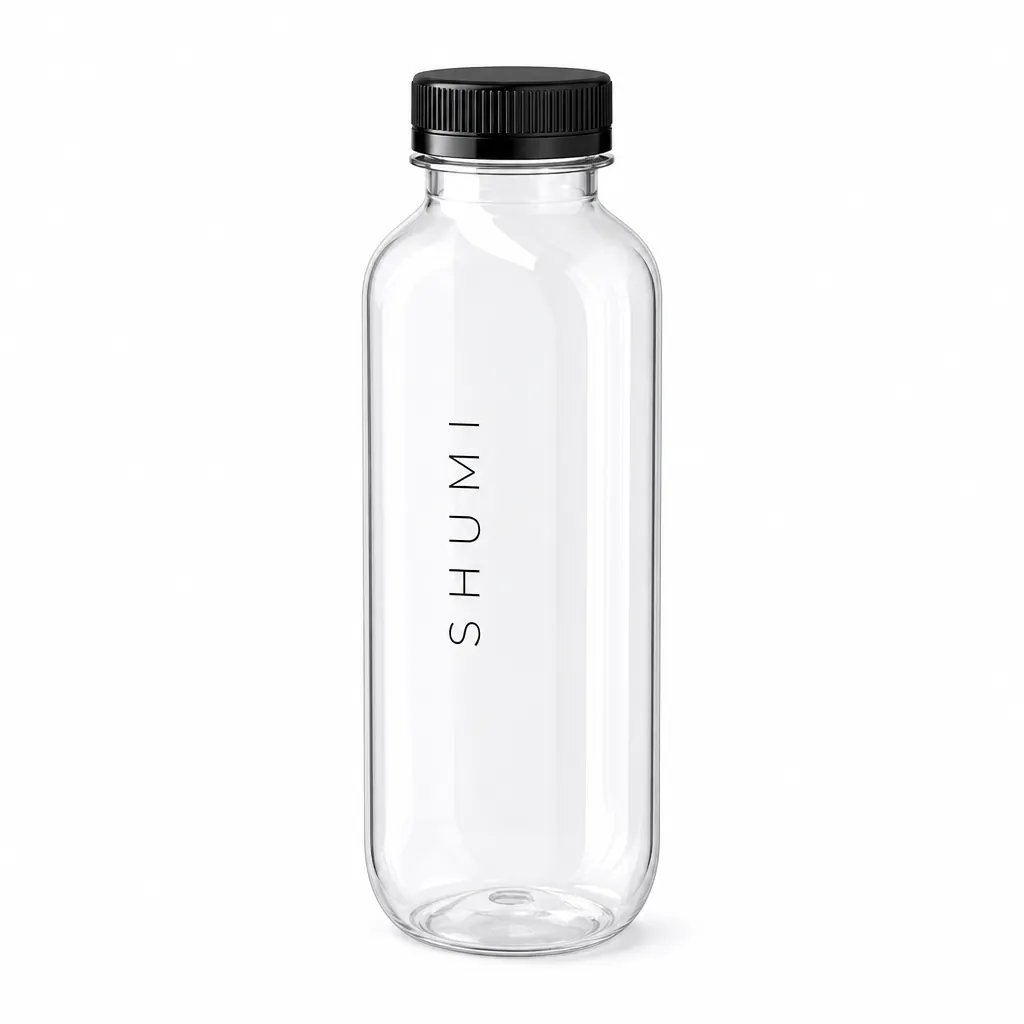 Clear rectangular PLA bottle 45 degree angle showing vertical logo printing