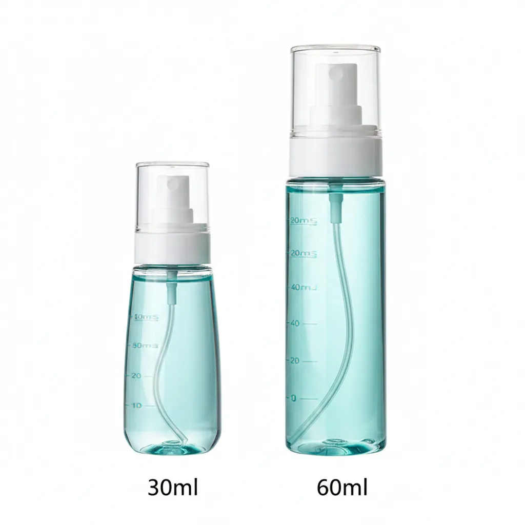 30ml and 60ml fine mist spray bottles in pink clear and blue front view