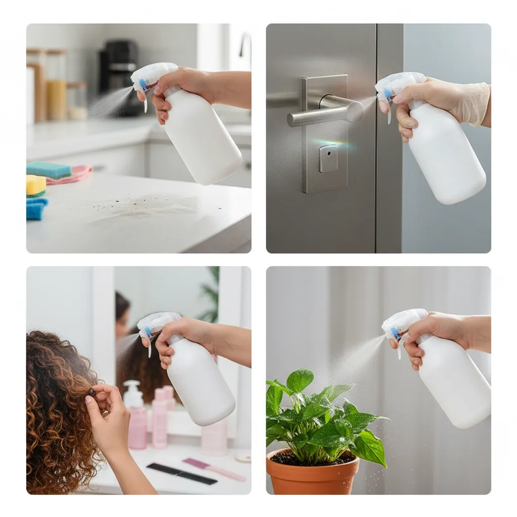 300ml 500ml spray bottle multiple uses collage showing cleaning disinfection beauty care