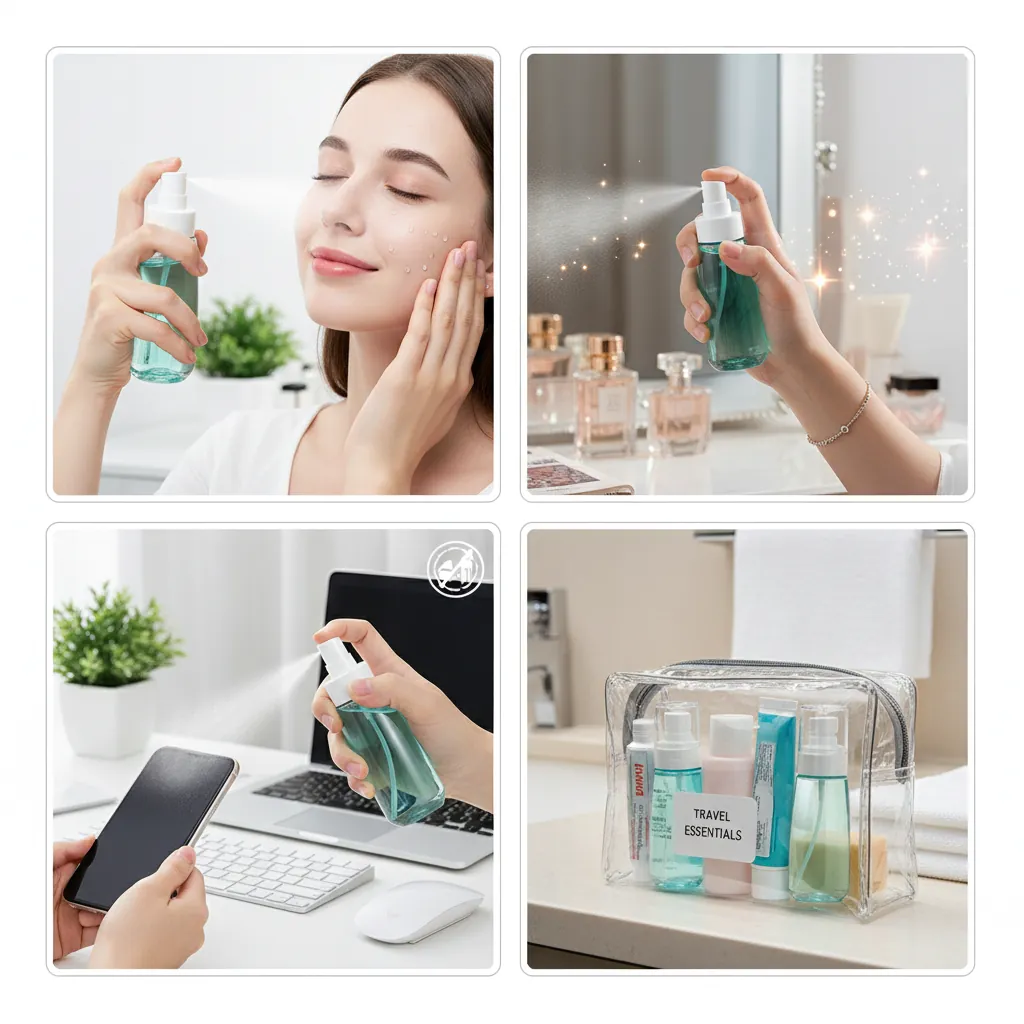 spray bottle multiple uses collage showing toner perfume disinfection travel