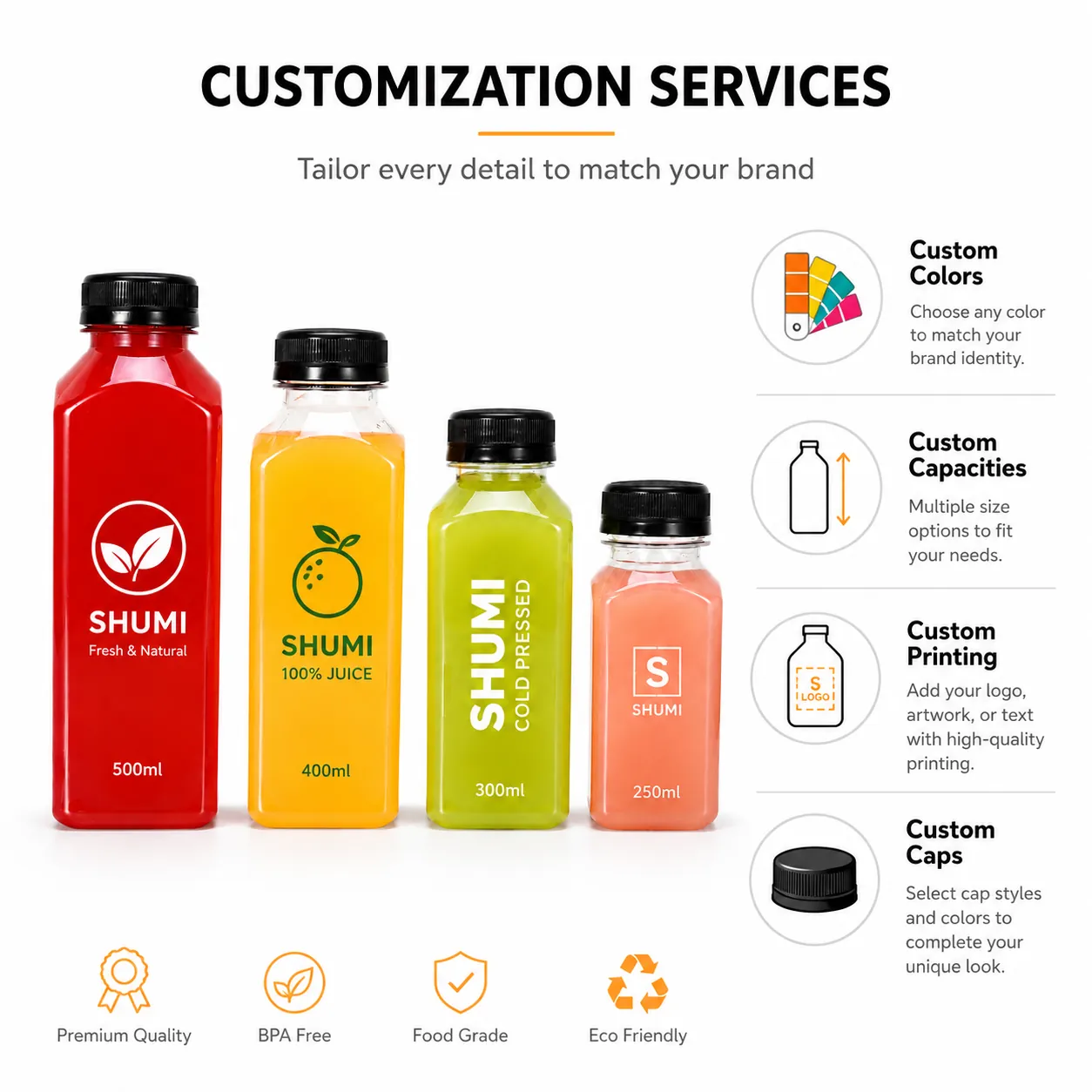 custom color size printing cap square plastic juice bottle service