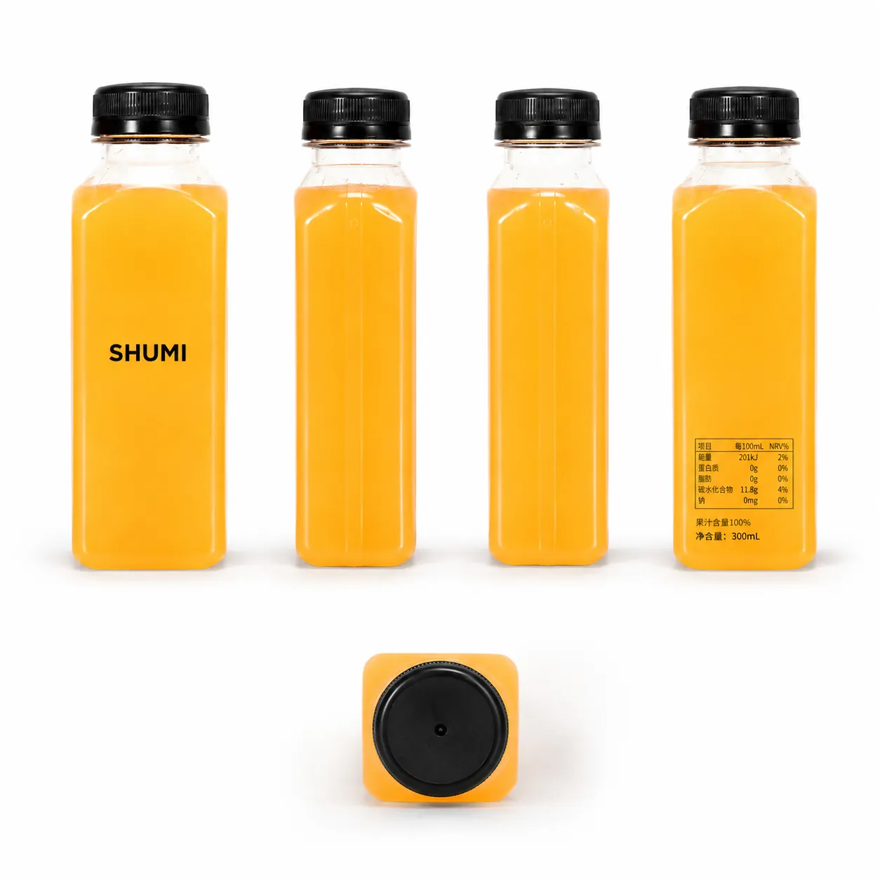 SHUMI clear square plastic juice bottle front side back top multiple angles view