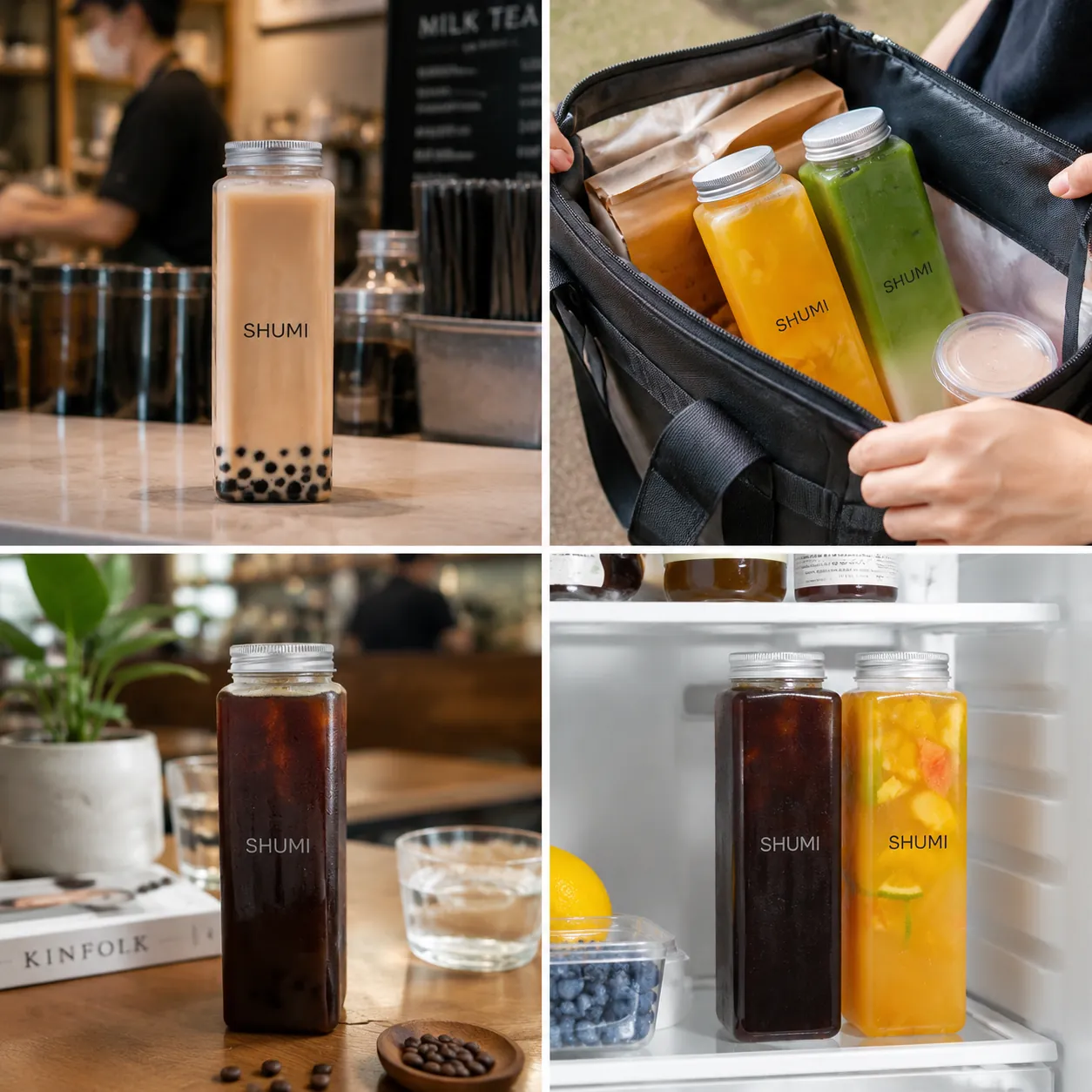 4 grid collage square pet bottle real use bubble tea shop delivery cafe refrigerator