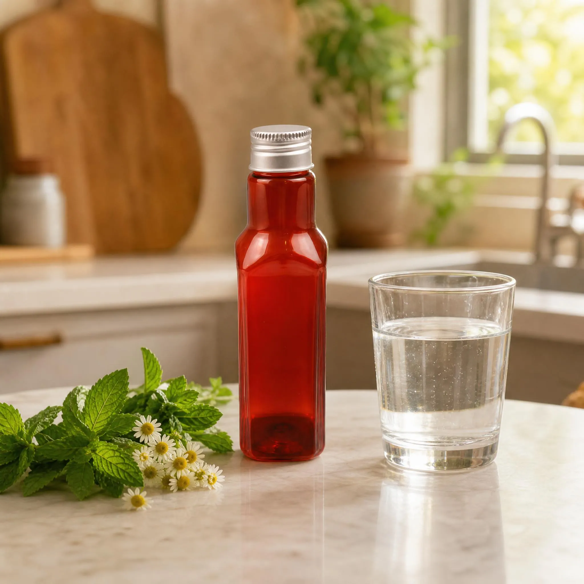 100ml square amber red pet bottle with ice cubes and lemon beverage